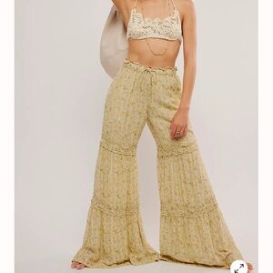 Free People Pale Yellow Floral Tiered Wide-Leg Pants